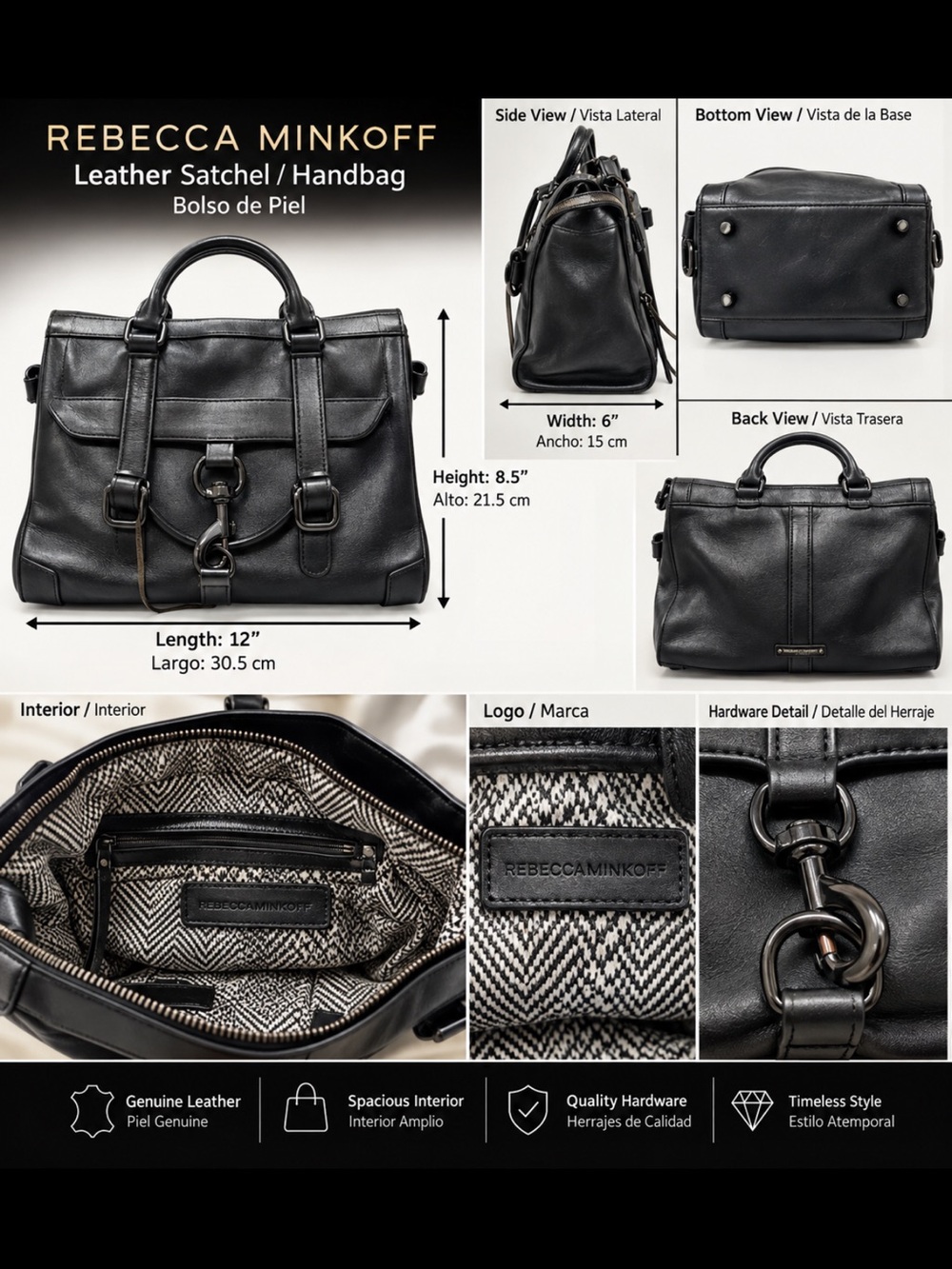 Rebecca Minkoff Black Leather Structured Satchel Handbag